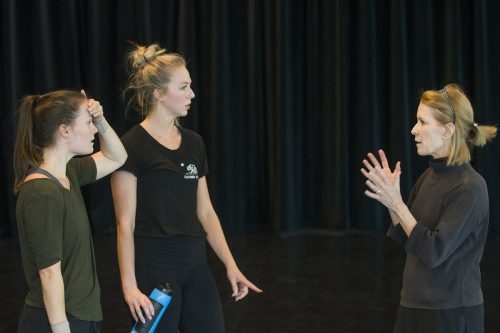 Dance professor Susan Douglas Roberts, right, gives feedback to students during rehearsal in TCU's Erma Lowe Hall. Douglas Roberts said that as she got older, she was better able to be present in her movements. Photo by Robert W. Hart