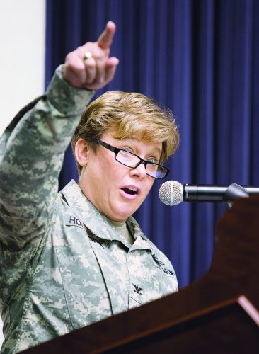Colonel Angelia Hollbrook, U.S. Army Garrison Fort Belvoir commander, address her supporters in Thurman Hall during a stand room-only Change of Command ceremony. Courtesy of Angelia Holbrook