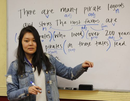 TCU student Maggie Webster-Beaver assists native Spanish speakers with English grammar at Northside Inter-Community Agency (NICA) in Fort Worth. Photo by Ross Hailey