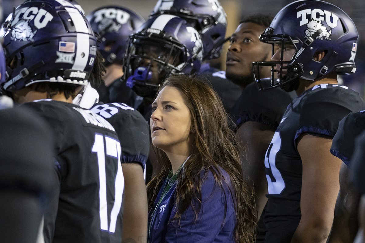 Brooke Helms, director of sports nutrition, is on the sidelines of every TCU football game including this matchup against Oklahoma State in November 2018. Photo by Glen E. Ellman