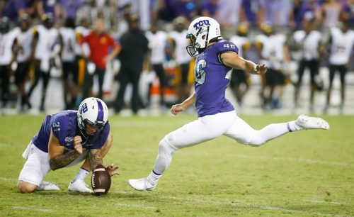 Kicker Jonathan Song was a perfect 5-for-5 on field-goal attempts en route to leading the TCU Horned Frogs to a 39-7 season-opening win over Arkansas at Pine Bluff. Courtesy of TCU Athletics | Photo by Ellman Photography