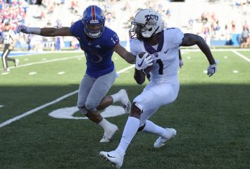 TCU's Jalen Reagor, who sports analysts believe will be a first-round pick in the 2020 NFL Draft, outsmarts a Jayhawk in last season's grid iron meeting. Courtesy of TCU Athletics