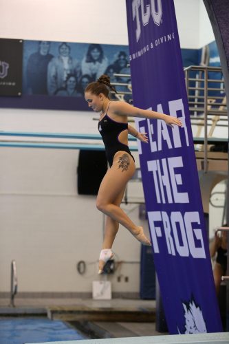Izzy Ashdown diving at an October 2019 home meet in Fort Worth. Courtesy of TCU Athletics | Photo by Ellman Photography