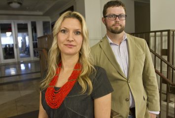 Vanessa Bouché, associate professor of political science (left), and Sean Crotty, assistant professor of geography (right), teamed up for a series of studies to provide new understanding on businesses that operate in partial or full illegality. One project estimated the yearly demand for illicit massage parlors in Houston to be $107 billion. Bouché lent her expertise on human trafficking victims, who are often funneled through massage parlors, and Crotty provided the mapping expertise to give a locational understanding to where and why these businesses are operating. Photo by Mark Graham