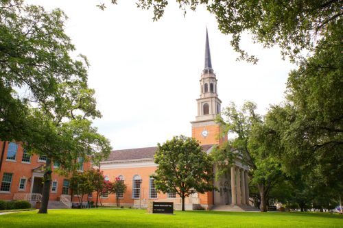 The exterior of Robert Carr Chapel has rose-colored bricks — a deviation from the typical TCU buff brick. Photo by Amy Peterson