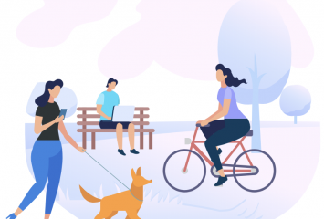 Illustration of human figures in a park walking a dog, riding a bike, reading on a bench