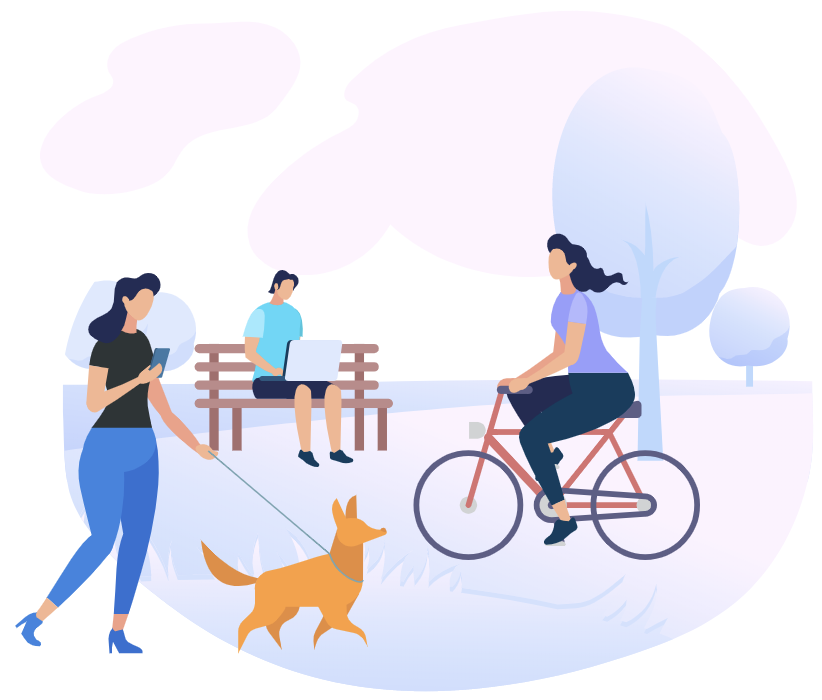 Illustration of human figures in a park walking a dog, riding a bike, reading on a bench
