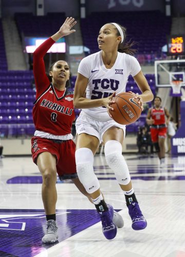 In one heartbreaking day, Kianna Ray and the women's basketball team — while in Kansas City, Missouri, preparing for the Big 12 Championship — learned the conference tournament had been canceled. On the flight home, the women’s team learned the NCAA had canceled March Madness. Courtesy of TCU Athletics | Photo by Sharon Ellman