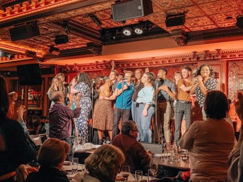 The senior showcase’s big night at Feinstein’s/54 Below theater ended in an impromptu singing of the TCU alma mater. Courtesy of 