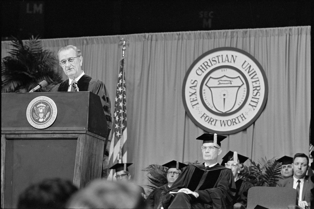 President Lyndon B. Johnson delivered the May 1968 commencement address. Photo by Yoichi Okamoto, White House Press Office (Public Domain)