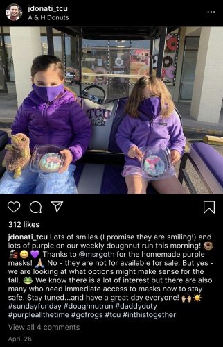 A screenshot from Jeremiah Donati's Instagram. It's a photo of his two daughters on a golf cart with purpler shirts and purple face masks. They are holding doughnuts.