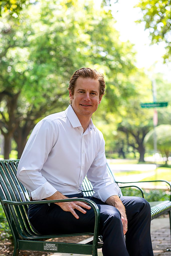 Attorney Chris Hamilton '00 founded Lawyers for America, a nonprofit that offers legal assistance to people whose rights have been violated. Hamilton appears here outside his home in Dallas, TX. Photo by Mark Graham, April 21, 2020