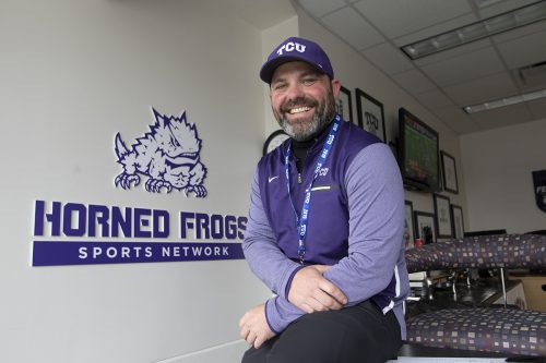 Landry Burdine '99, photographed in the broadcast booth at Amon G. Carter Stadium before the Horned Frogs Sports Network pregame radio show at the West Virginia vs.TCU game, November 29, 2019. Photo by Rodger Mallison