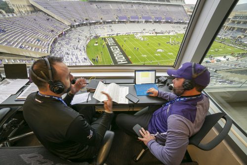 In the broadcast booth at Amon G. Carter Stadium, Elvis Gallegos (left) and Landry Burdine give a preview of the West Virginia vs.TCU game on the Horned Frogs Sports Network pregame radio show, November 29, 2019. Photo by Rodger Mallison