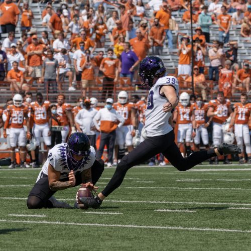 TCU kicker Griffin Kell hits one of his four successful field goals in TCU's defeat of Texas on Oct. 3, 2020.