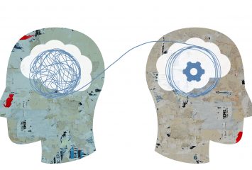 Illustration of two heads, one with a scrambled knot of thread, the other a functional spool. The scrambled thread is connected by a strand to the other head where it is being organized.