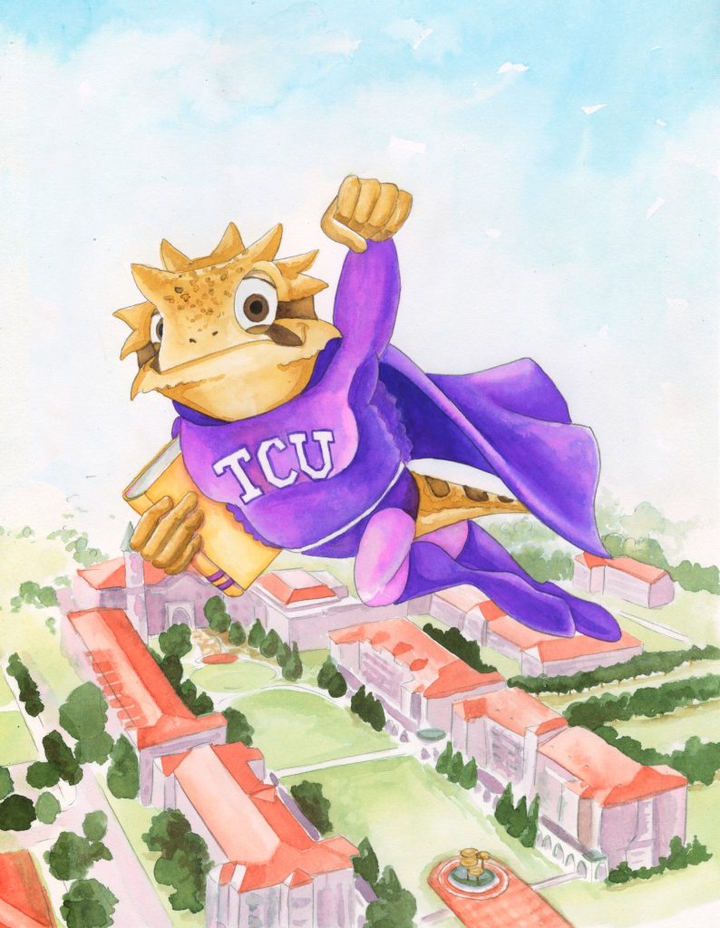 Illustration of an anthropomorphic horned lizard superhero flying over TCU's campus, book in hand, dressed in a purple cape. Illustration by Holly Weinstein