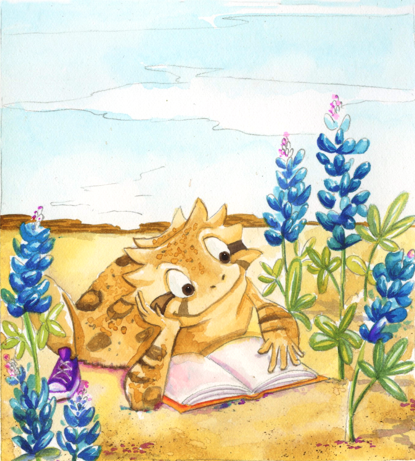 Illustration of an anthropomorphic horned lizard reading a book in a field of bluebonnets, the Texas state flower. Illustration by Holly Weinstein