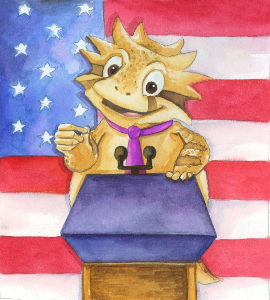 Illustration of an anthropomorphic horned lizard at presidential podium with the American flag in the background. Illustration by Holly Weinstein