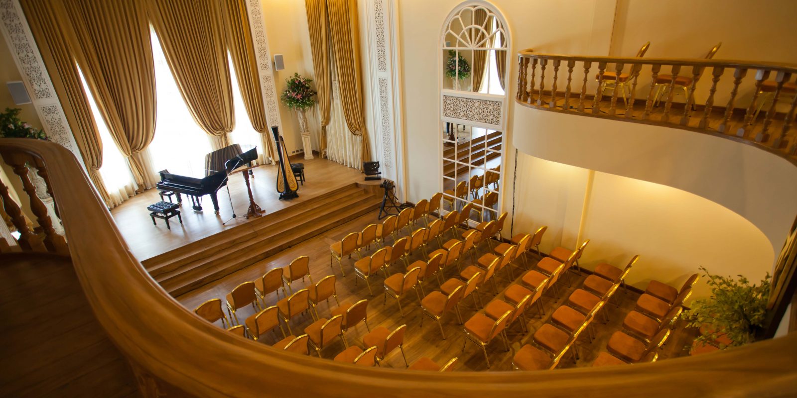 The Sala Sudasiri Sobha auditorium, seen from the balcony. The concert hall is part of the Nat Studio Music School in Bangkok, Thailand, founded by Nat and Pawongduen 