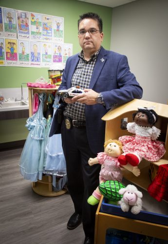 Flower Mound police detective Joe Adcock in a children's therapy room at the Children's Advocacy Center in Lewisville on Thursday, August 20, 2020. Detective Adcock has handled cases surrounding child abuse and trauma for over a decade. Photo by Joyce Marshall