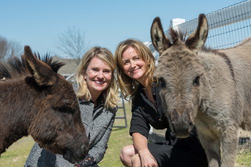 Delia Faulk McLinden and Shannon McLinden with two donkeys.