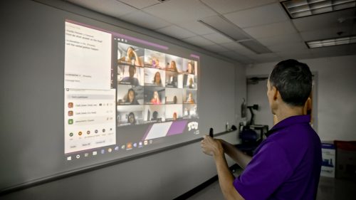 Faculty member Clark Jones leads a class via the videoconferencing platform Zoom on April 23, 2020. Jones is a pre-health advisor and instructor II in the biology department of TCU's College of Science and Engineering. Photographer unknown; photo courtesy of Clark Jones