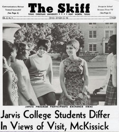 An article in the TCU student newspaper depicts four Black Jarvis Christian College students talking to one white TCU student.