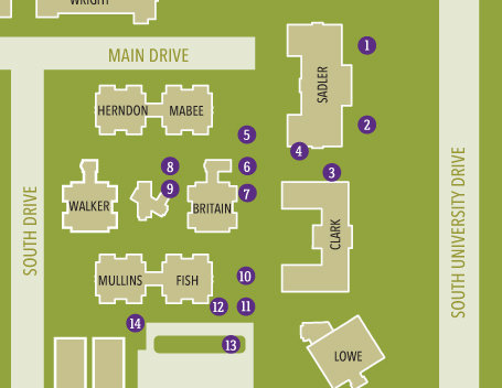 A section of a map of TCU's campus where different types of trees are located.