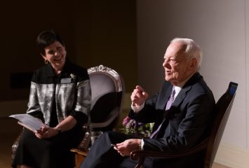 Kris Bunton interviewed Bob Schieffer in TCU’s Brown-Lupton University Union after the 2017 release of his book Overload: Finding the Truth in Today’s Deluge of News. Courtesy of Bob Schieffer College of Communication | Photo by Glen E. Ellman