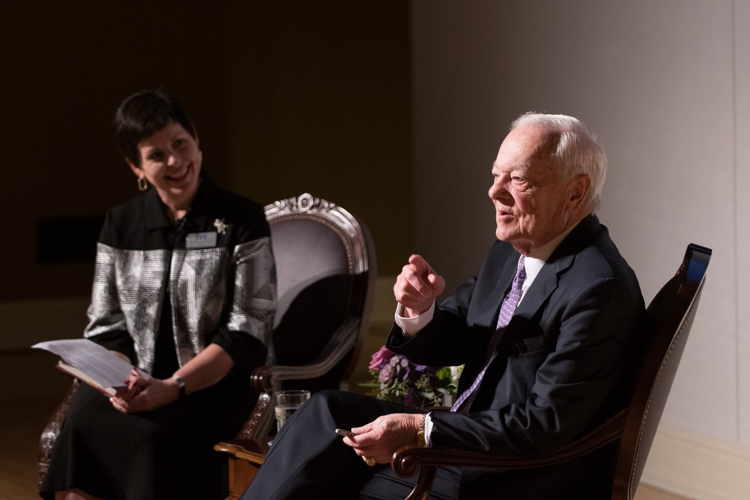 Kris Bunton interviewed Bob Schieffer in TCU’s Brown-Lupton University Union after the 2017 release of his book Overload: Finding the Truth in Today’s Deluge of News. Courtesy of Bob Schieffer College of Communication | Photo by Glen E. Ellman