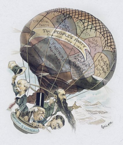 Cartoon cover of Judge Magazine drawn by Bernhard Gillam showing a patched balloon carrying various political figures subtitled 'A Party Of Patches' Published June 6, 1891. (Photo by Fotosearch/Getty Images).