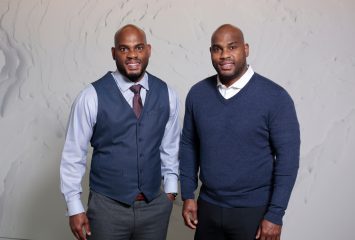 Tim (L) and Terrence (R) Maiden. Terrence and twin brother Tim Maiden, both former TCU football players and ’00 graduates, run a nonprofit named Two Wins that serves Southern Dallas youth through athletics and opportunities that expand perspectives on life possibilities. Photographed in Dallas, TX by Ross Hailey, February 25, 2021