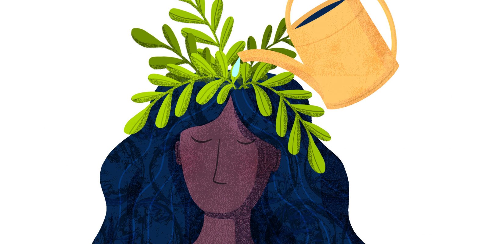 An illustration of a watering pot drips water onto a plant growing from a woman's head.