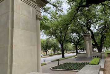 A view of the columns that are part of the TCU Veterans Plaza