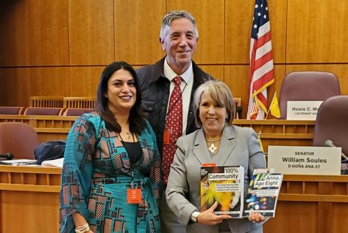 Katherine Ortega Courtney, left, and coauthor Dominic Cappello met with New Mexico Governor Michelle Lujan Grisham to discuss the access families have to important services. Courtesy of Anna, Age Eight