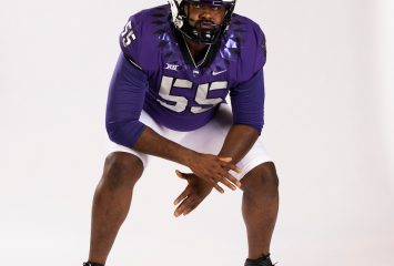 Obinna Eze, a senior offensive tackle, is a transfer from Memphis. Courtesy of TCU Athletics | Photo by Gregg Ellman