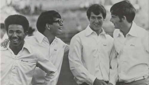 Ron Hurdle, Mark Hill, Josh Huffman and Steve Benton, from left, cheer in the 1970-71 season. Courtesy of TCU Special Collections