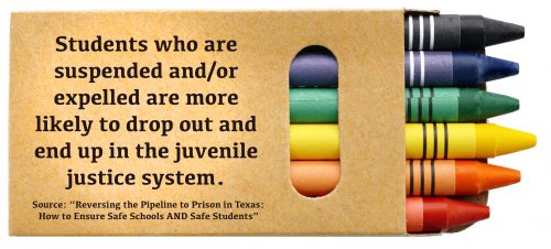 A photo of a box of crayons with text overlaying: “Reversing the Pipeline to Prison in Texas: How to Ensure Safe Schools AND Safe Students,” showed that students who are suspended and/or expelled are more likely to drop out and end up in the juvenile justice system.