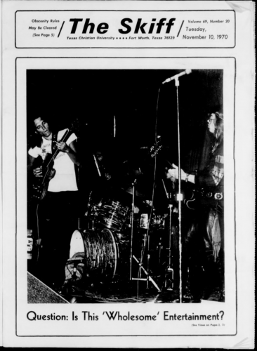 The Nov. 10, 1970, cover of The Skiff featured a nearly full-page image of Jefferson Airplane and the deadline "Question: Is This 'Wholesome' Entertainment?"