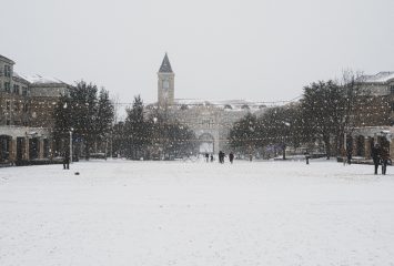 Severe winter weather blanketed the TCU campus in snow, closing the campus for a week during February 15-19, 2021. Photo by Eric Sasadeusz (social media intern), February 14, 2021 Shown: the Community Commons, looking west towards the BLUU