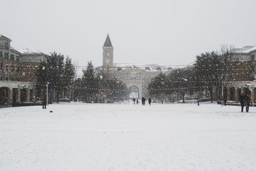 Severe winter weather blanketed the TCU campus in snow, closing the campus for a week during February 15-19, 2021. Photo by Eric Sasadeusz (social media intern), February 14, 2021 Shown: the Community Commons, looking west towards the BLUU