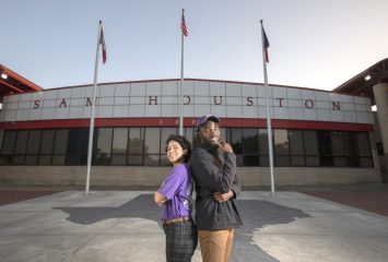 Katherine Rodriguez (left) was a member of the TCU College Advising Corps when Timi Ijabiken, a Nigerian immigrant, was a student at Sam Houston High School in Arlington. Ijabiken graduated TCU in 2019 and joined the CAC as an advisor back at Sam Houston High School. The CAC works to increase the number of low-income, first-generation college and underrepresented students who enter and complete higher education.