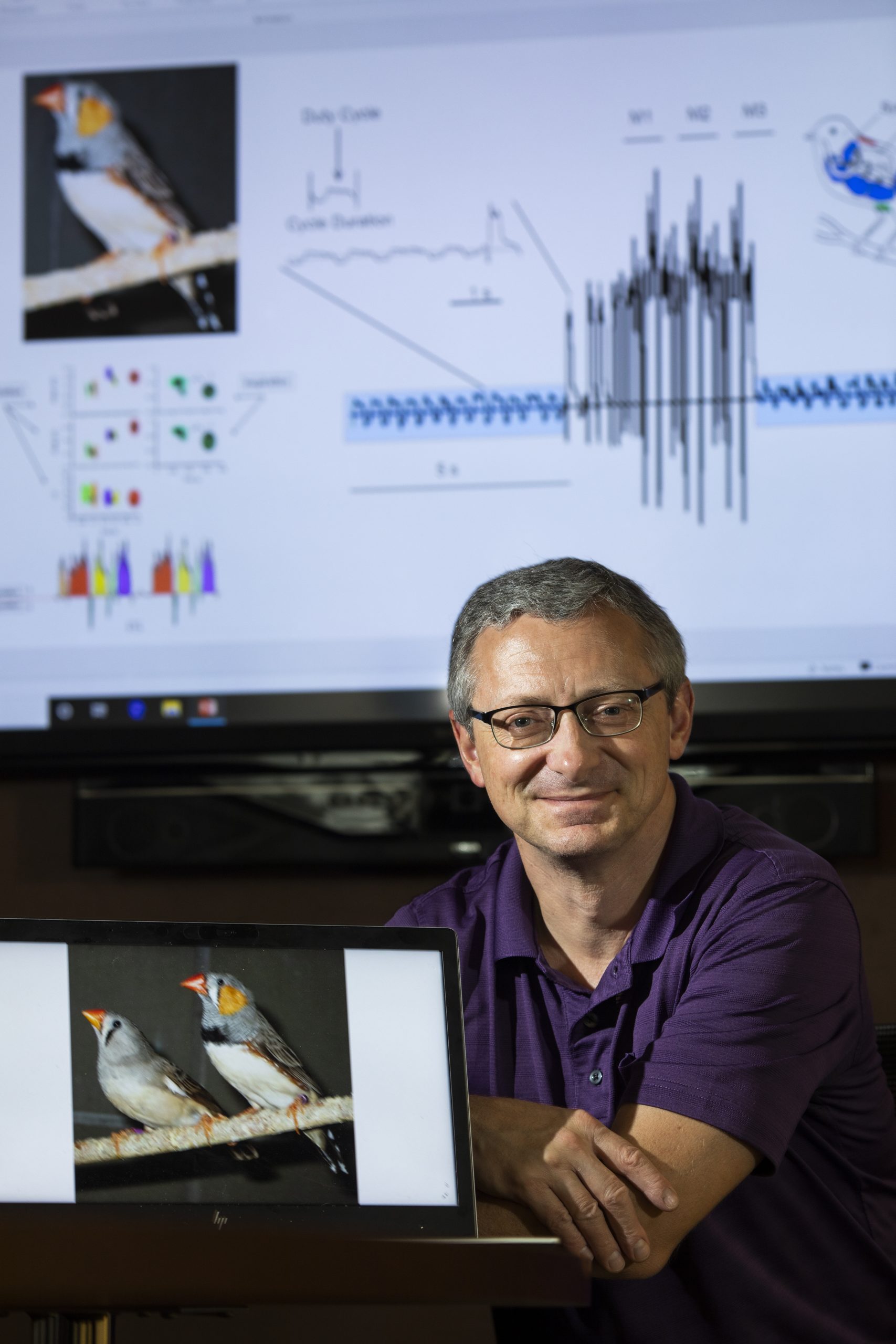 Dr. Brenton Cooper, professor of psychology, studies the brain processes of song birds. He has a 5-year grant from the National Institute of Health for his BRAIN initiative to study neural circuity underlying the decision to act. The bird pictured is a zebra finch. Photo b¥ Rodger Mallison, October 22, 2020