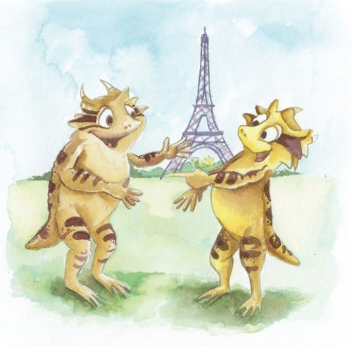 An illustration of two horned frogs meeting in front of the Eiffel Tower. Illustration by Holly Weinstein