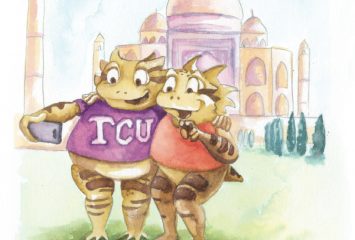 An illustration of two horned frogs posing for a selfie in front of the Taj Mahal. Illustration by Holly Weinstein