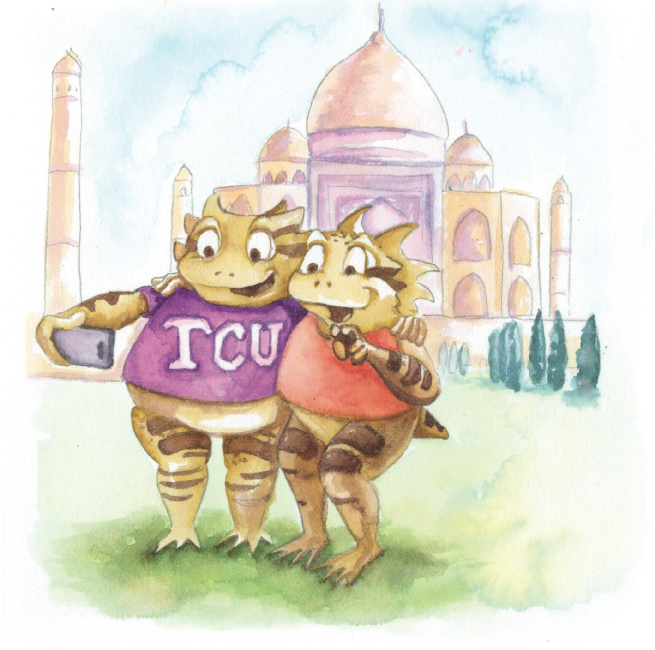 An illustration of two horned frogs posing for a selfie in front of the Taj Mahal. Illustration by Holly Weinstein
