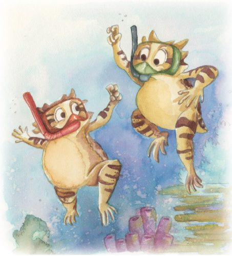 An illustration of two horned frogs snorkeling underwater and holding their hands in the frog sign. Illustration by Holly Weinstein