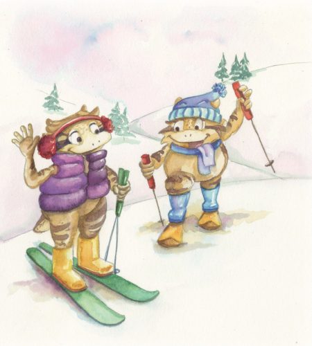 An illustration of two horned frogs skiing and waving at each other. Illustration by Holly Weinstein