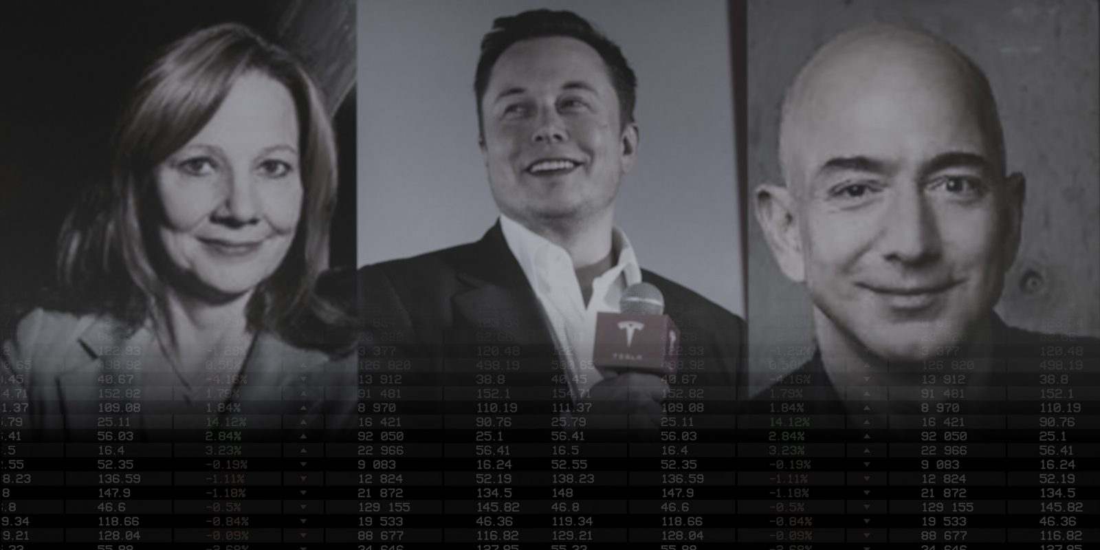 photos of three famous U.S. CEOs (l-r): Mary Barra (General Motors), Elon Musk (Tesla Motors) and Jeff Bezos (Amazon). Photo by Rodger Mallison, October 4, 2021